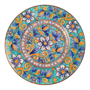 Vintage Majolica-Style Hand-Painted Ceramic Decorative Plate (Turquoise Floral Motif)