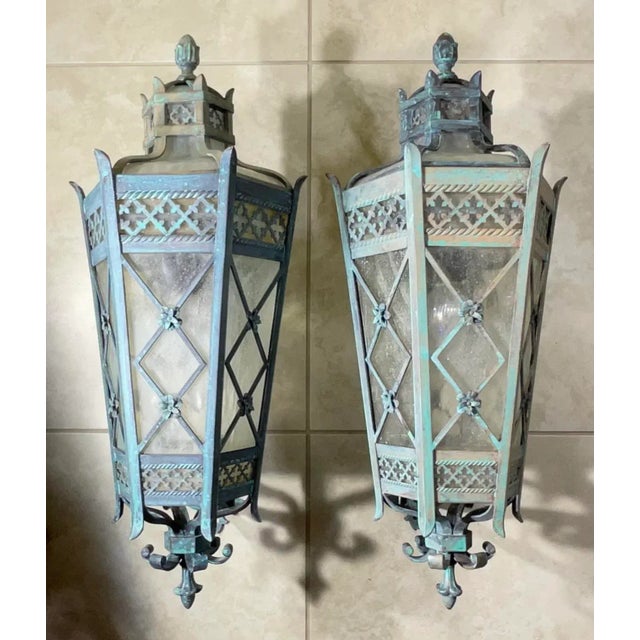 1980s Large Pair of Handcrafted Wall-Mounted Solid Brass Lanterns / Sconces For Sale - Image 14 of 18