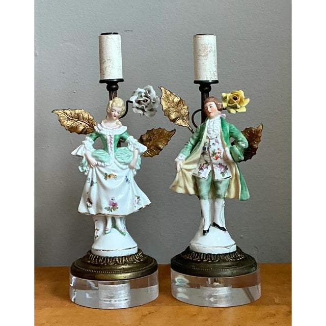 Vintage Lucite Base Porcelain Figurine Lamps - a Pair For Sale - Image 12 of 12