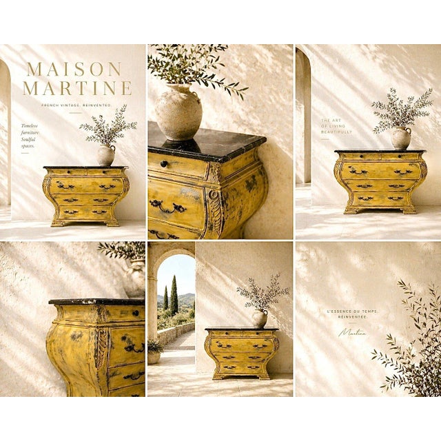 French Provincial Bombe Commode With Marble Top in Distressed Mustard Finish For Sale - Image 14 of 14