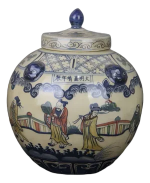 Chinese Vintage Ceramic Pot,Ming Dynasty Jiajing Marked Blue and White Doucai Porcelain Lid Jar Hand Painted Eight Immortals Pattern