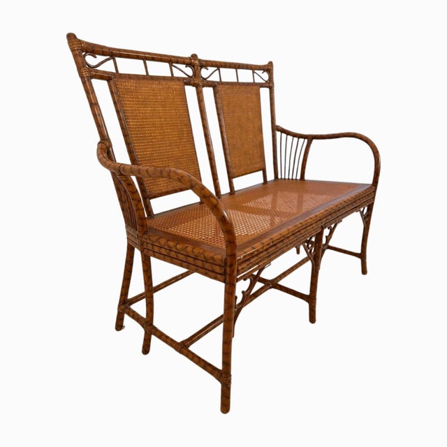 Vintage Tortoiseshell Faux Bamboo & Cane Loveseat Bench For Sale - Image 4 of 8