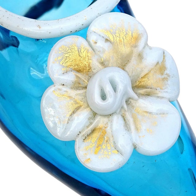 Mid-Century Modern Venetian Murano Antique White Blue Gold Flecks Italian Art Glass Ballet Slipper Fashion Shoe Sculpture For Sale - Image 3 of 5