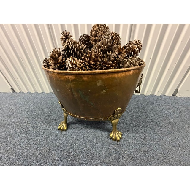 Rustic European Antique Copper & Brass Kindling and Wood Holder – Lion Head Ring Pulls & Claw Feet For Sale - Image 3 of 7