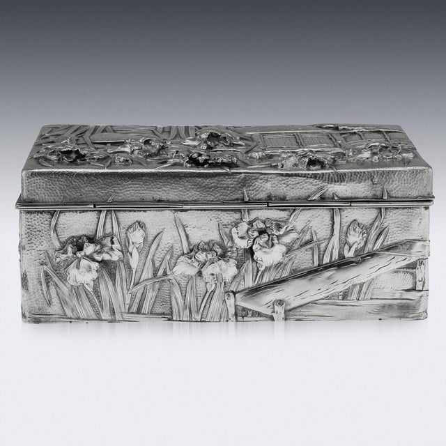 Metal Antique Meiji Japanese Silver Iris Flower Cigar Box by Zuan, 1900 For Sale - Image 7 of 18