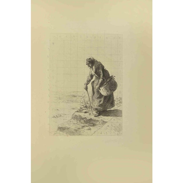 Eugène Burnand, Old Woman with Stick, Etching, Late 19th Century For Sale