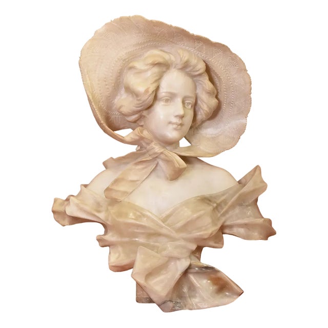 Galileo Pochini, Bust of Young Girl with Hat, 19th Century, Marble and Alabaster For Sale