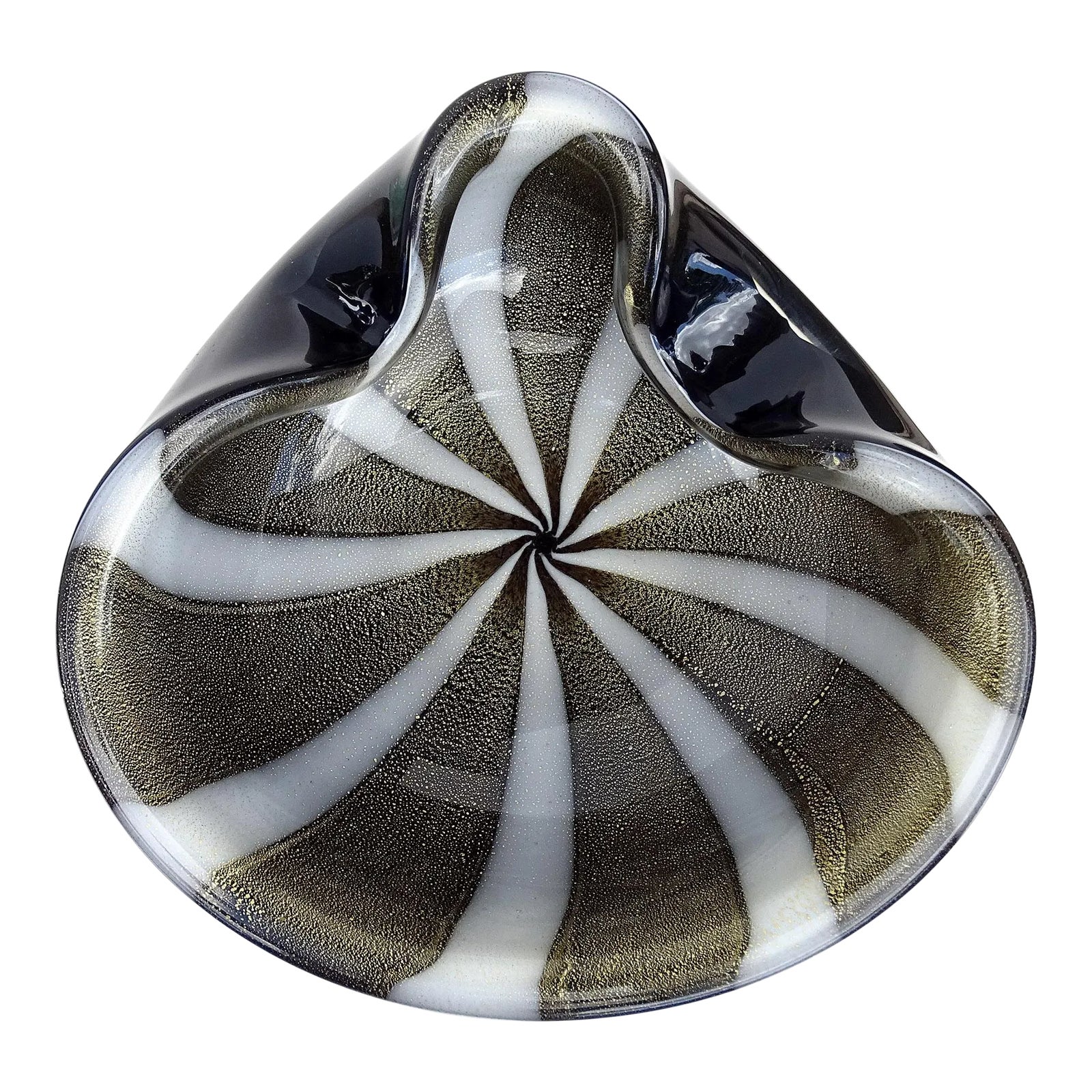 Murano Alfredo Barbini Vintage Black White Gold Flecks Italian Art