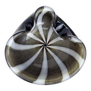 Vintage Murano Alfredo Barbini Black White Gold Flecks Italian Art Glass Mid Century Bowl Ashtray For Sale