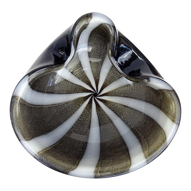Vintage Murano Alfredo Barbini Black White Gold Flecks Italian Art Glass Mid Century Bowl Ashtray For Sale