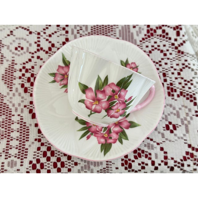 1950s Shelley Pink Oleander Tea Cup & Saucer: Dainty English Bone China Teacup For Sale In Boston - Image 6 of 6