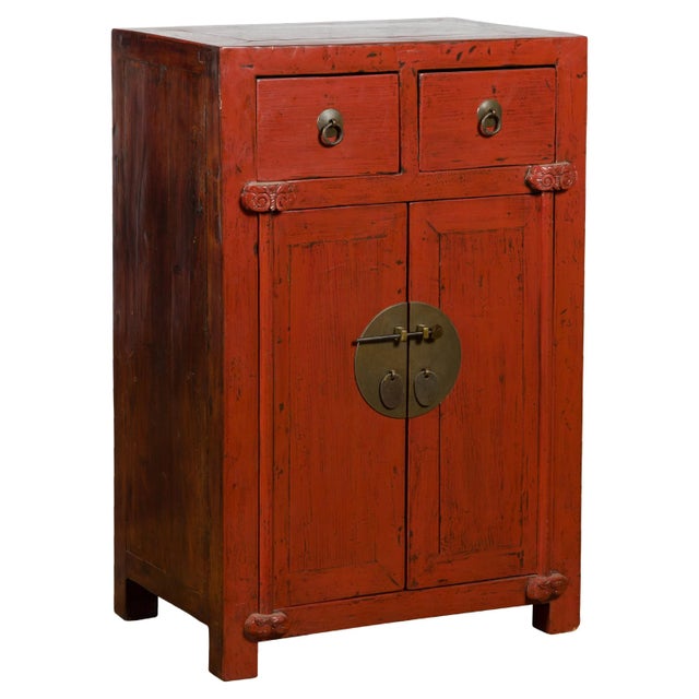 19th Century Qing Dynasty Red Lacquer Small Cabinet with Doors & Drawers For Sale - Image 13 of 13