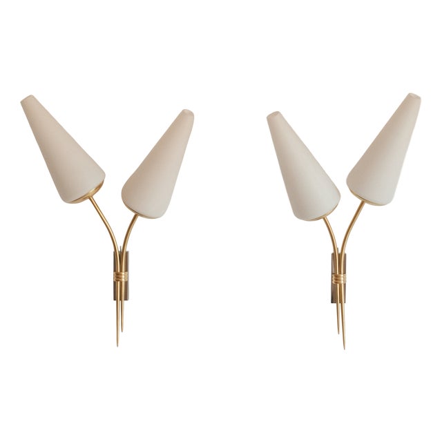 Vintage French Brass Sconces with Opaline Shades, 1960s, Set of 2 For Sale