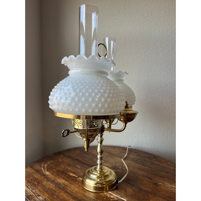 Glass Vintage Milk Glass Double Arm, Double Globe Student Lamp Classic Fenton Hobnail For Sale - Image 7 of 12