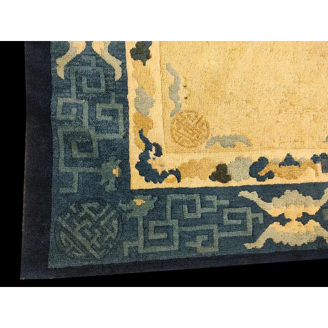 1880s Yellow Geometric Solid Antique Chinese Peking Rug 3'2" X 7 Handknottted Wool Carpet For Sale In New York - Image 6 of 7