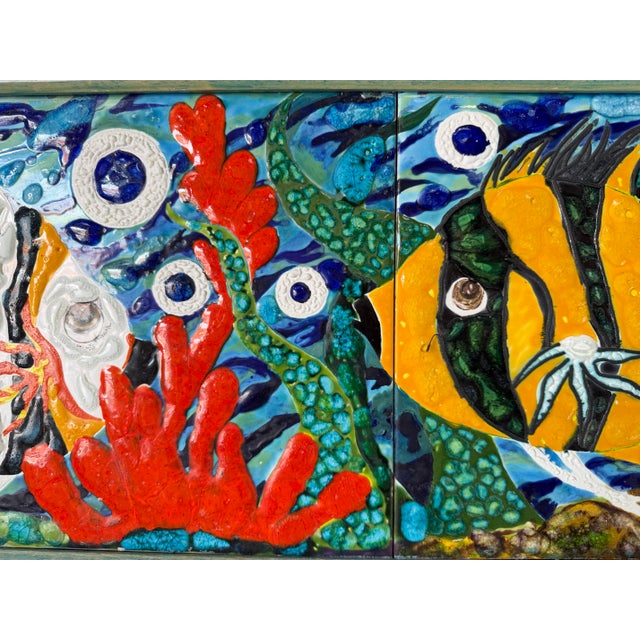 Sculpture Materials Vintage Handcrafted Ceramic Mosaic Fish- Aquatic Panel Wall Art – Framed For Sale - Image 7 of 12