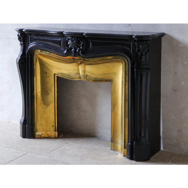 Metal French Black Marble Trois Coquilles Fireplace with Brass Interior For Sale - Image 7 of 12