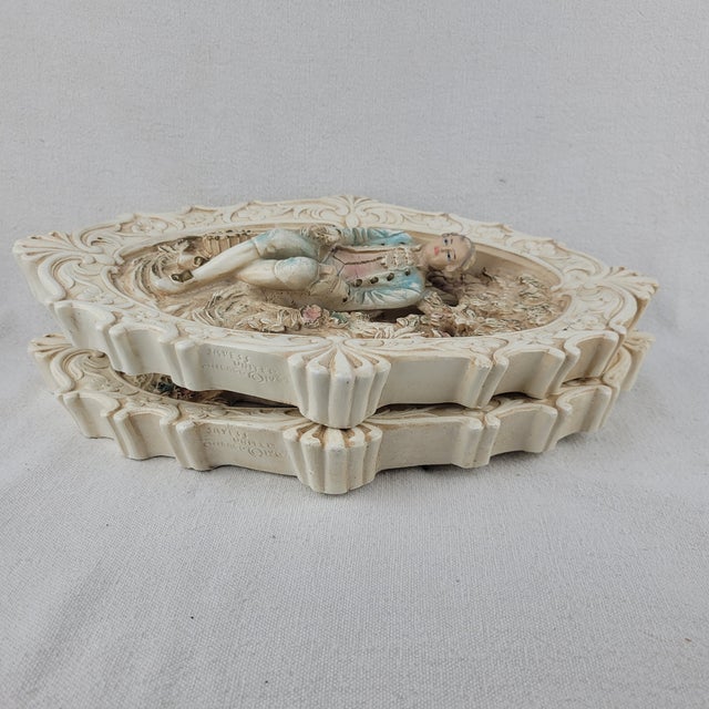 Sculpture Materials Vintage 1962 Jayess United Chicago Chalkware Wall Plaques Rococo Couple Set of 2 For Sale - Image 7 of 15