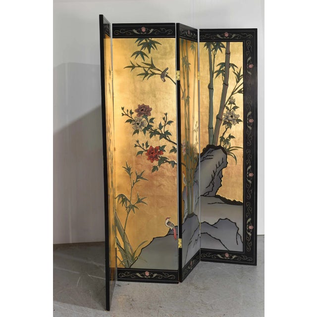 Chinoiserie Vintage Chinoiserie Gold Leaf Lacquer 4-Panel Room Divider Screen For Sale - Image 3 of 12