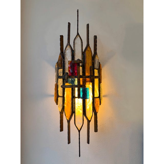 Mid-Century Modern set of 3 wall lamps lights sconces hammered glass and wrought iron, gilding gold copper patina, by the...