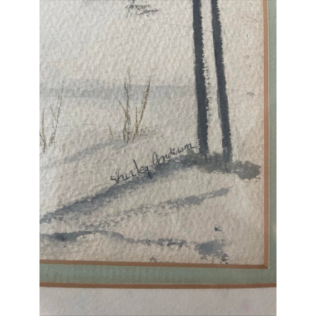 This medium-sized watercolor painting by Shirley Anderson depicts a winter scene in a WPA style. The painting, measuring...