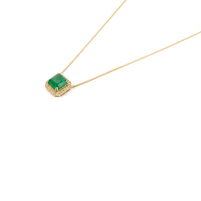 Not Yet Made - Made To Order Asscher Cut Emerald Diamond Halo Necklace With 18.5 Inch 14k Gold Chain For Sale - Image 5 of 11
