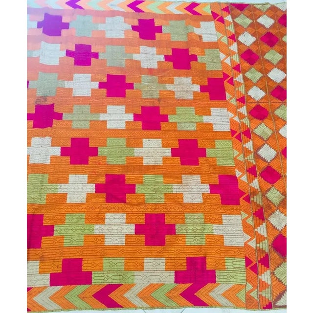 Antique Phulkari Wedding Shawl, Bright Colors of Silk Embroidery on Cotton For Sale - Image 9 of 13