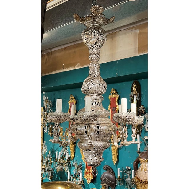 Baroque Baroque Style Silvered Metal Chandelier with Shell Motif Attributed to Caldwell For Sale - Image 3 of 8