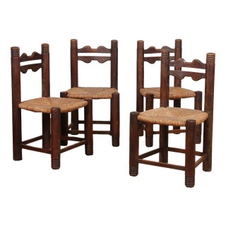 French Wood Straw-Seated Chairs, 1950s, Set of 4 For Sale