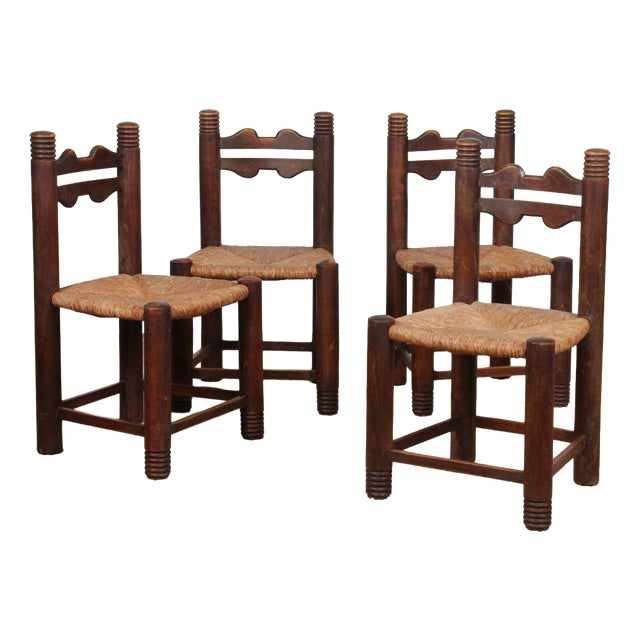 French Wood Straw-Seated Chairs, 1950s, Set of 4 For Sale