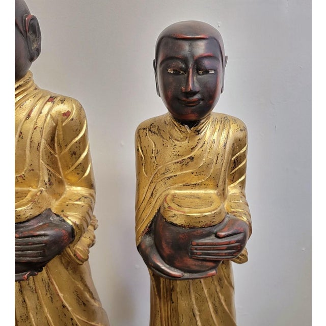 Set of Three Large Carved Gilt Thai Monks on Scroll Base, Late 20th Century For Sale - Image 9 of 14