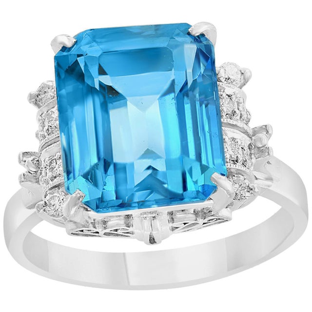 5.8 Carat Finest Blue Topaz Diamond Platinum Ring Estate For Sale - Image 15 of 18