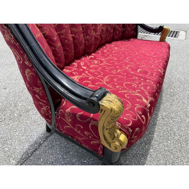 1930s Lovely Louis XVI Gold & Red Satin Walnut Victorian Sofa Settee For Sale - Image 10 of 12