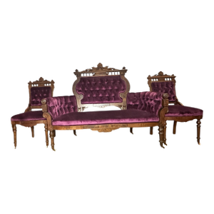Antique Victorian Eastlake Style 3 Piece Ornate Carved Walnut Parlor Set Newly Reupholstered in a Purple Velvet