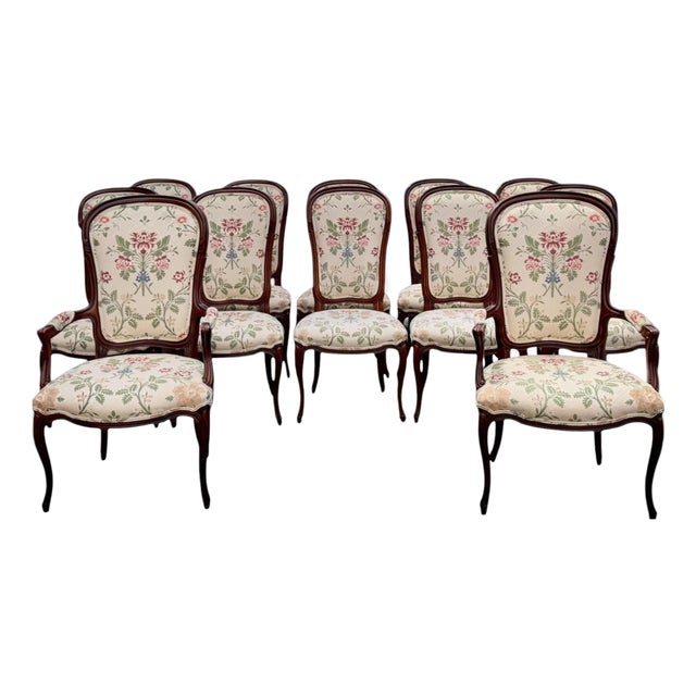 Vintage John Widdicomb Floral Upholstered Dining Chairs, Set of 12 For Sale