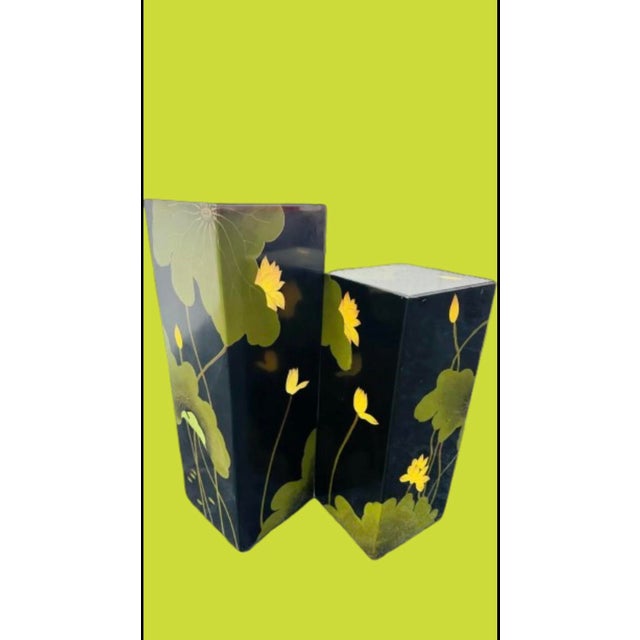 Wood Vintage Asian Floral Lacquer Pedestals - a Pair For Sale - Image 7 of 12