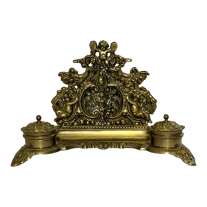 1900s Baroque Style Brass Inkwell Set and Letter Holder Stand