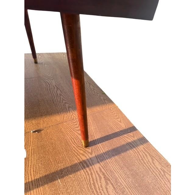 Vintage Mid-Century Modern Architectural Two-Tier Floating Shelf Occasional Table With Walnut Finish & Brass Ferrules For Sale - Image 9 of 9