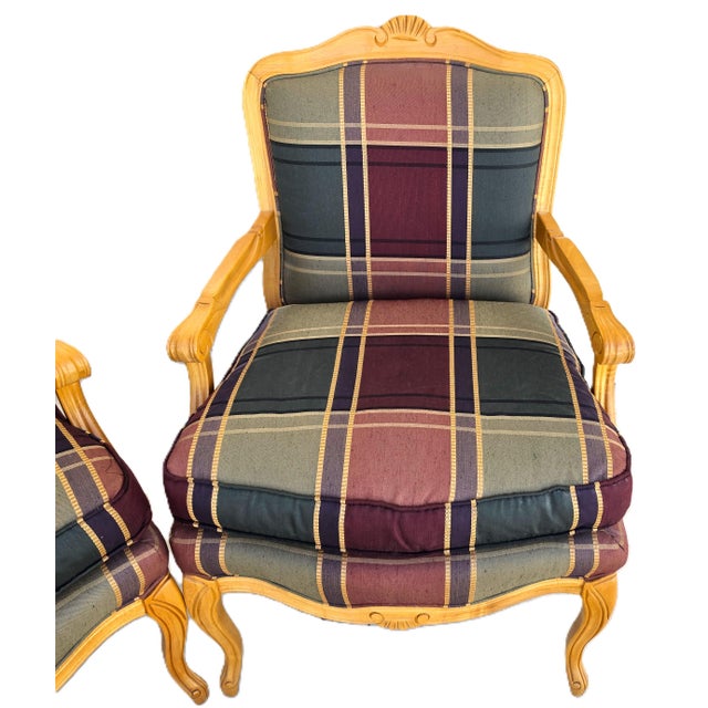 Vintage Louis XV French Provincial Armchairs Plaid Tartan Fauteuil Cabriole Legs For Sale - Image 14 of 16