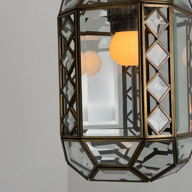 Gold Art Deco Italian Revival Brass and Beveled Glass Lantern, 1970s For Sale - Image 8 of 18