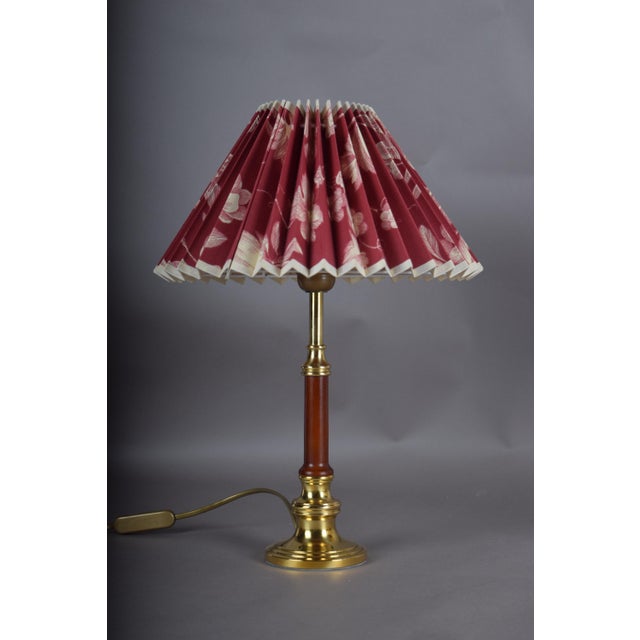Brass and Wood Table Lamps with Pleated Floral Shades, 1970s, Set of 2 For Sale - Image 4 of 12