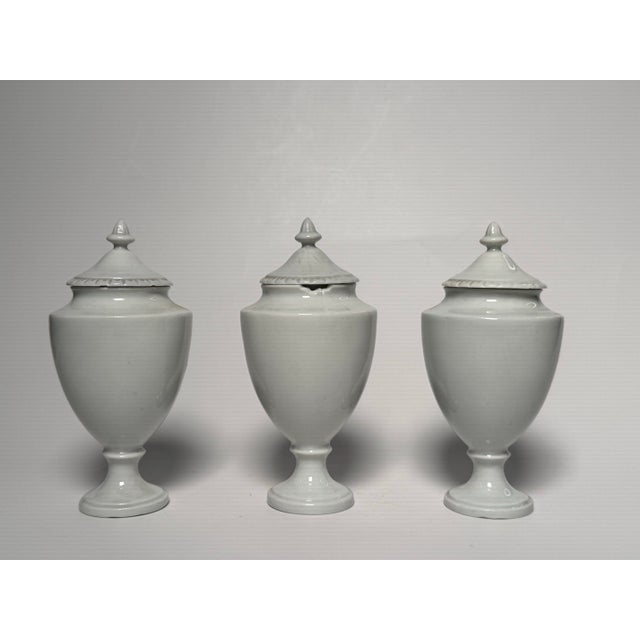 Neoclassical Small White Porcelain Lidded Urns, Set of 3 For Sale - Image 12 of 12