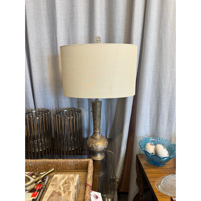 Stunning Palm Beach estate sale find, antique hand hammered and hand painted enameled Turkish lamp. Lamp is 32” to top of...