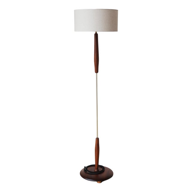 Vintage Teak and Brass Floor Lamp with Cream Lampshade, 1960s For Sale