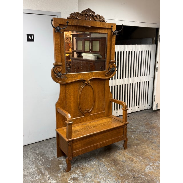 Antique Oak Hall Tree/Entry Bench For Sale In San Francisco - Image 6 of 12