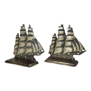 Vintage Brass Ship Bookends - a Pair For Sale