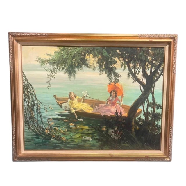 Antique Painting: A Serene Afternoon on the Water For Sale - Image 4 of 12