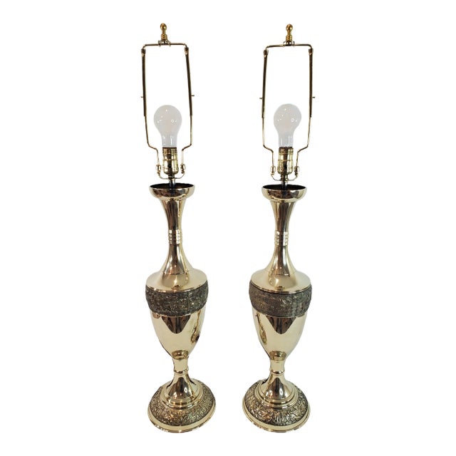 Mid 20th Century James Mont Inspired Brass Urn Form Table Lamp Pair For Sale