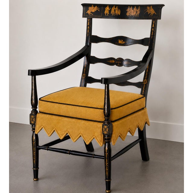 Chinoiserie English Regency Style Crackle Finish Chinoiserie & Classical Stenciled Rush Seat Armchair For Sale - Image 3 of 12