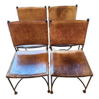 Late 20th Century Brutalist Hand-Tooled Iron and Leather Chairs - Set of 4 For Sale